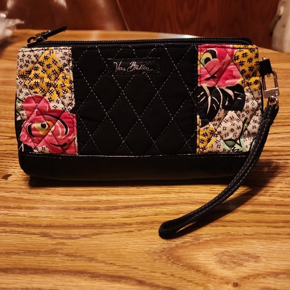 Vera Bradley Handbags - Vera Bradley Black and Pink Quilted Floral Wristlet